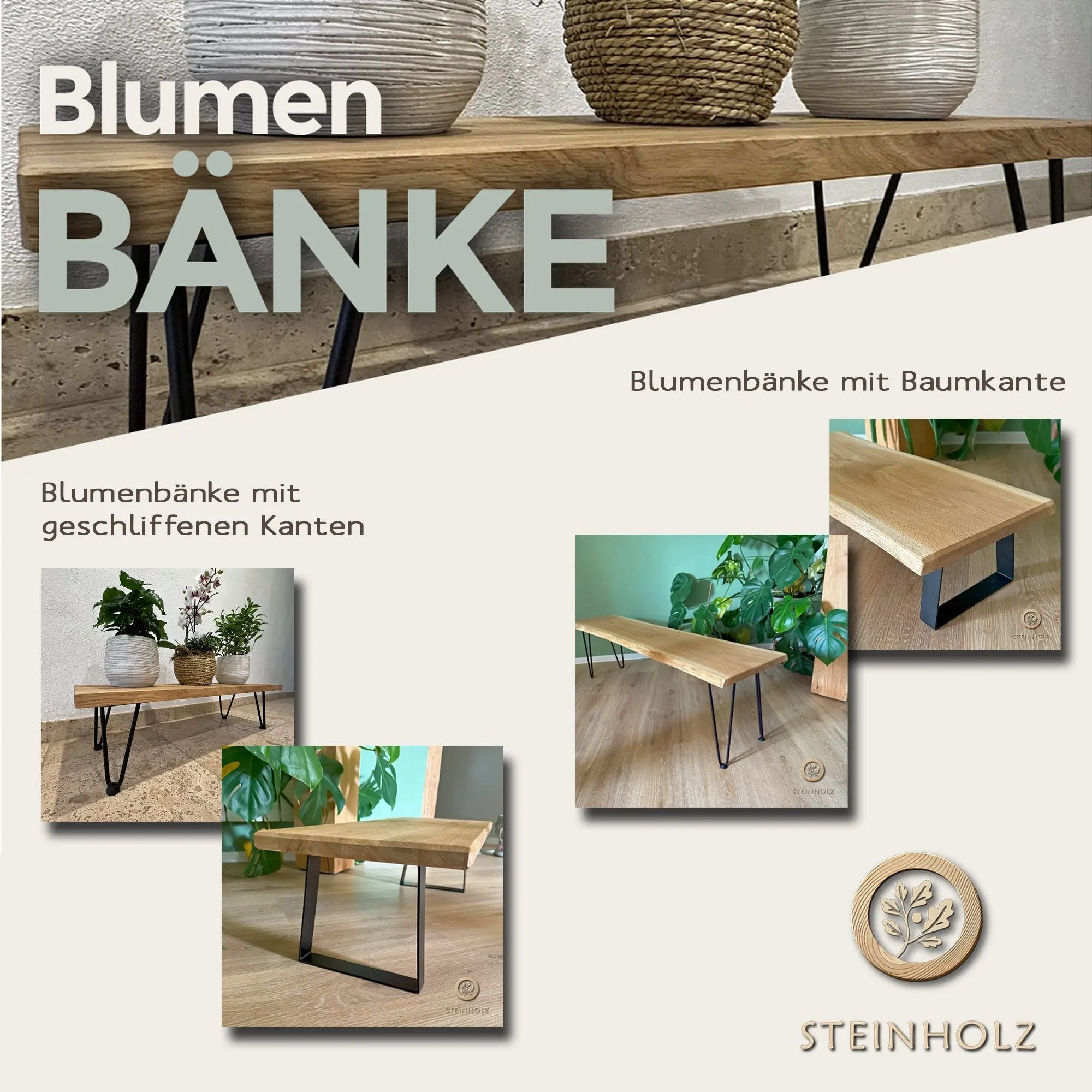 Blumenbank aus Wildeiche – Stilvolles Design für Pflanzen und Deko, das jedem Raum Eleganz und ein natürliches Flair verleiht.  Steinholz