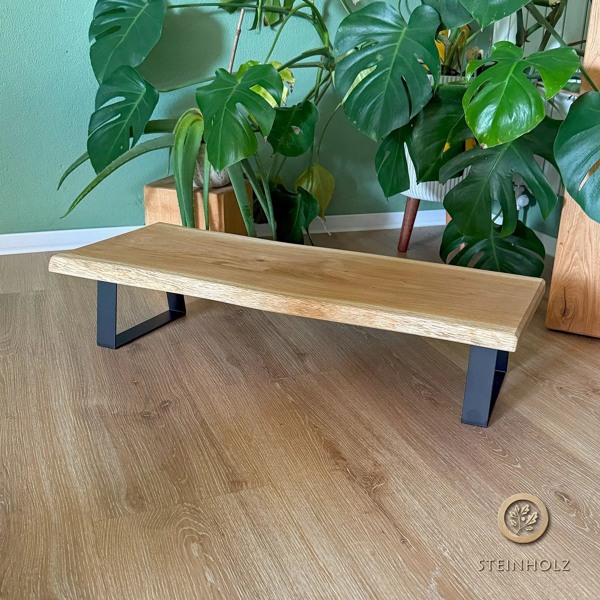 Blumenbank aus massiver Eiche mit Baumkante, geölt & handgefertigt für Pflanzen  Steinholz